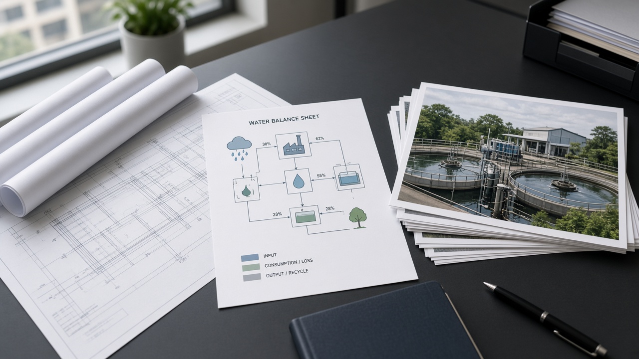 Organised technical drawings and water-balance sheets on a desk without readable text