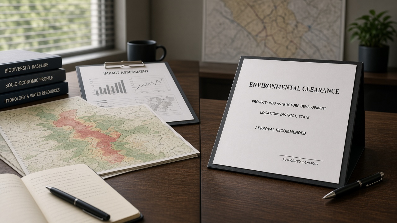 Desk with impact-study maps beside a project approval folder in an engineering office
