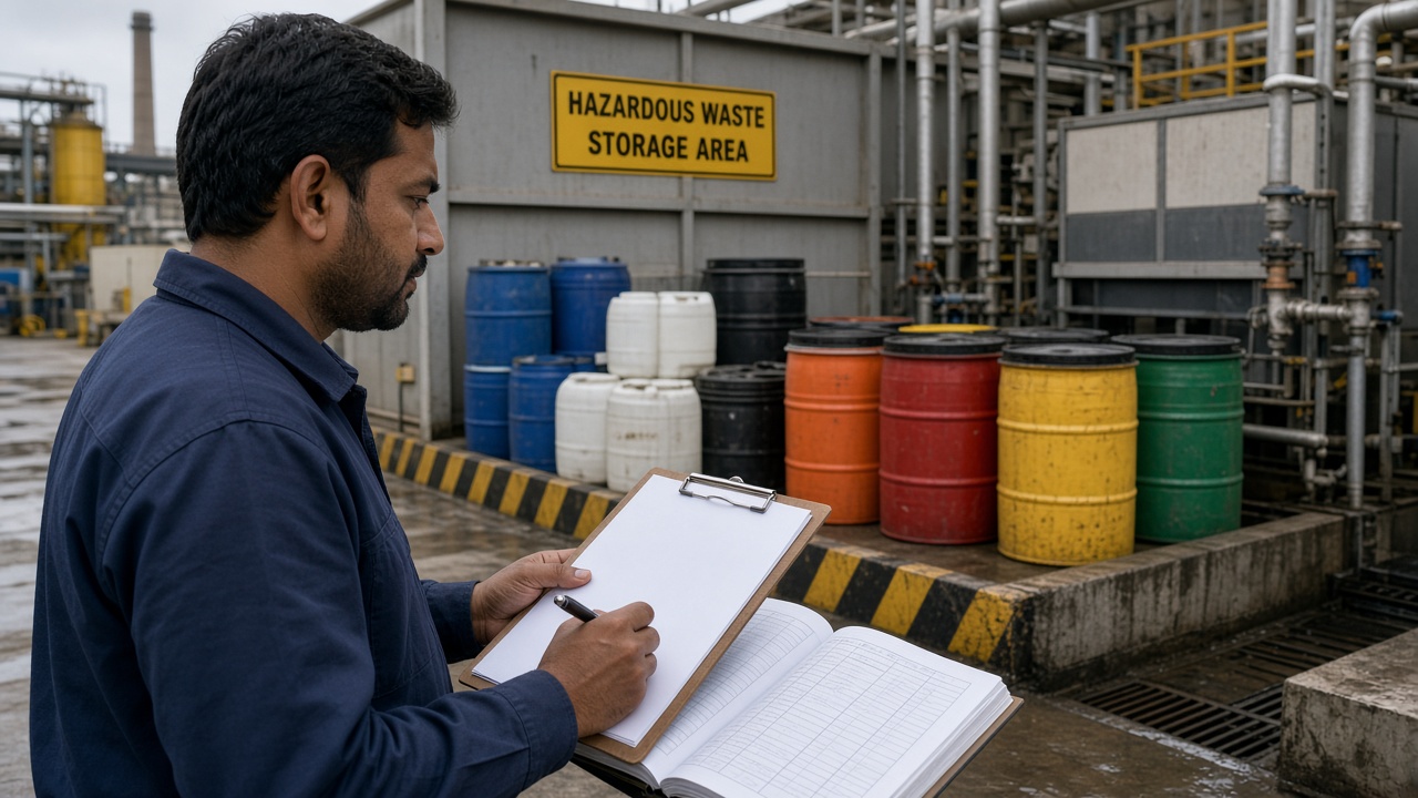 Clipboard checklist held beside an effluent treatment plant walkway