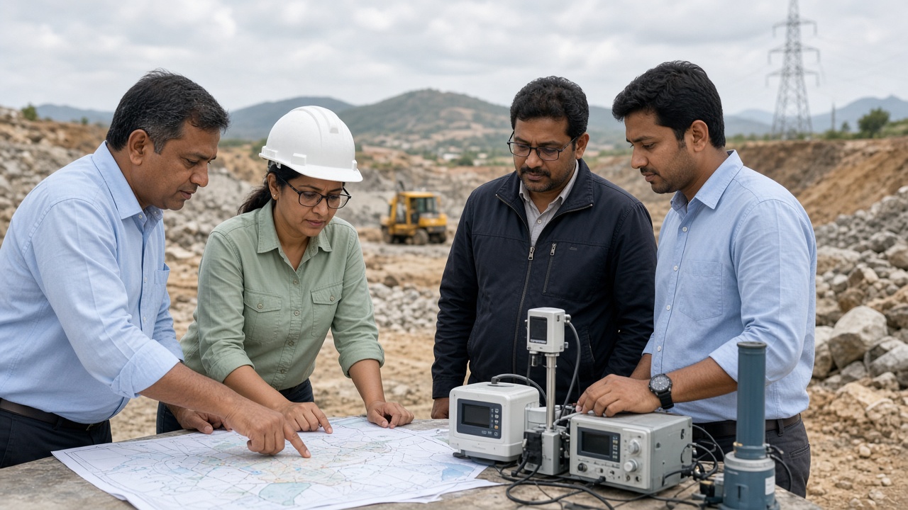 Project team reviewing site maps and monitoring equipment at an infrastructure site