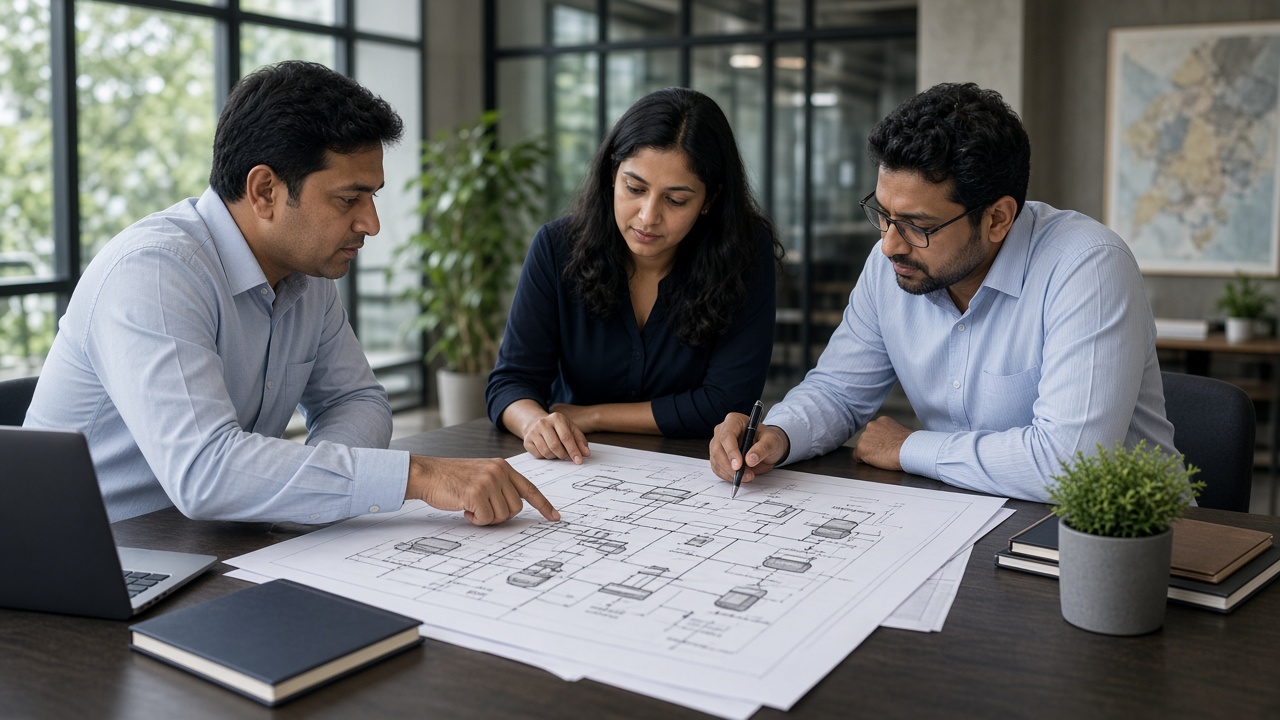 Client meeting with engineering consultants reviewing plant flow diagrams in a modern office