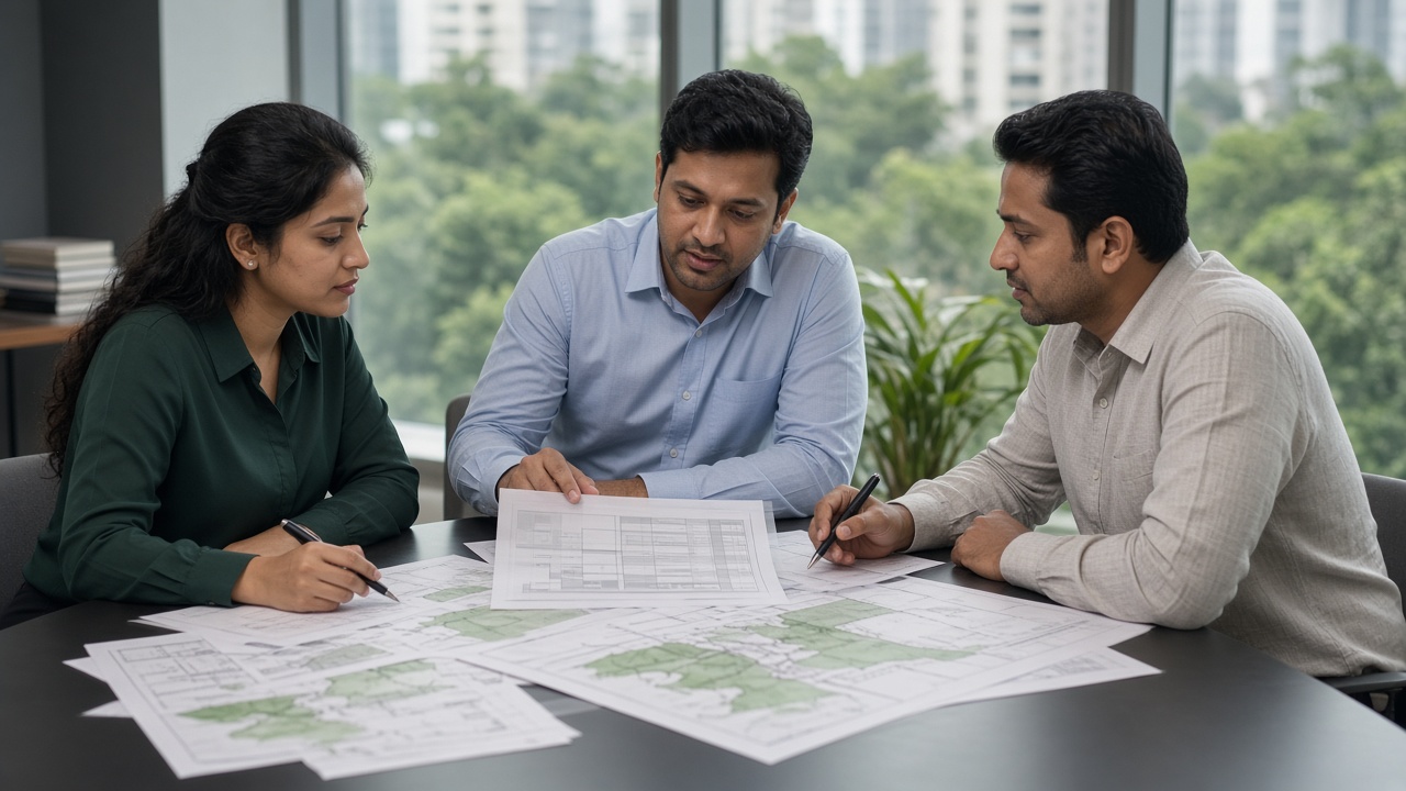 Professionals reviewing engineering drawings and scope sheets at a Bangalore office meeting table