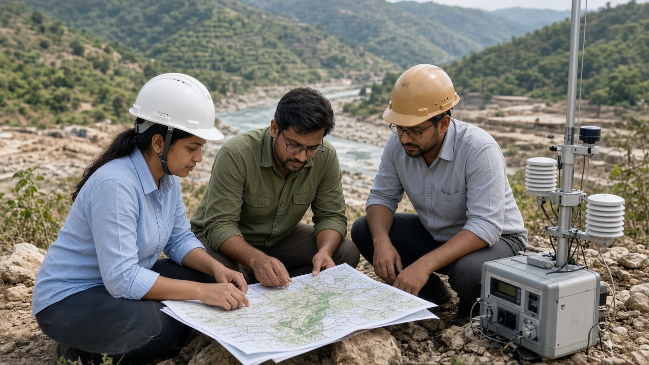 Field team with topographic maps and monitoring instruments at a project site