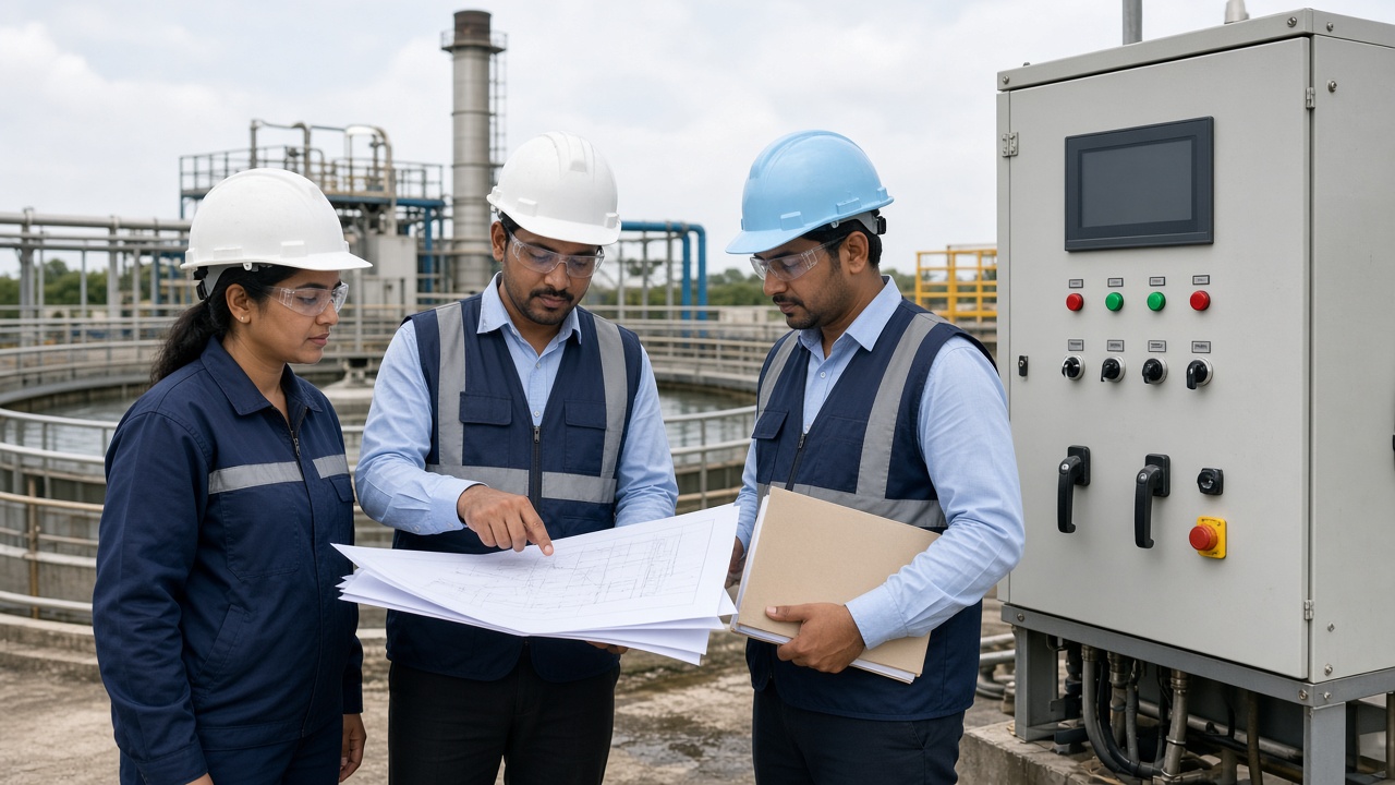 Engineers reviewing document folders and plant drawings beside an effluent treatment control panel