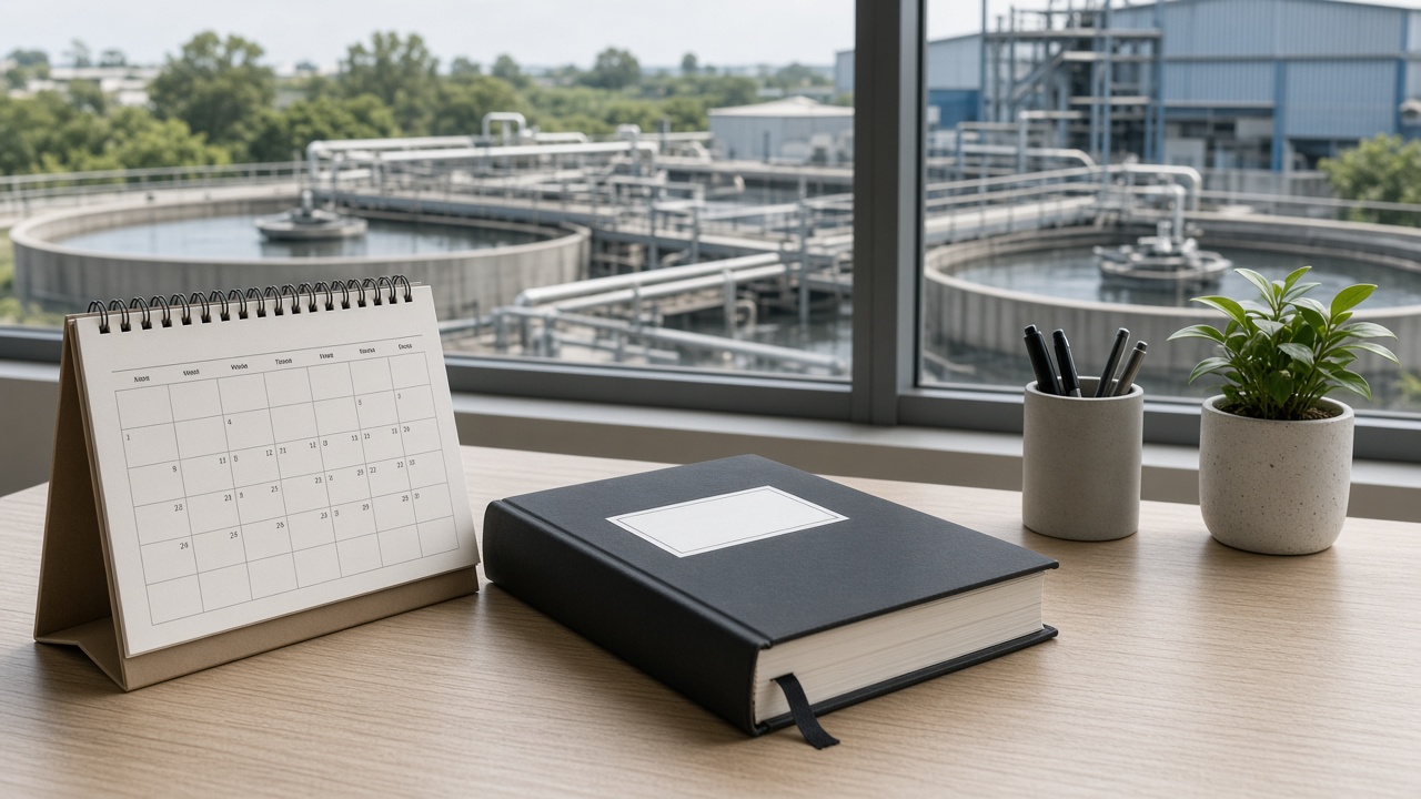Office desk with planning calendar and notebook overlooking industrial wastewater treatment tanks