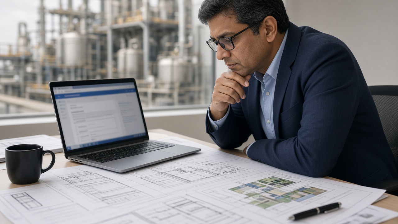 Professional reviewing a laptop and plant layout drawings at a desk