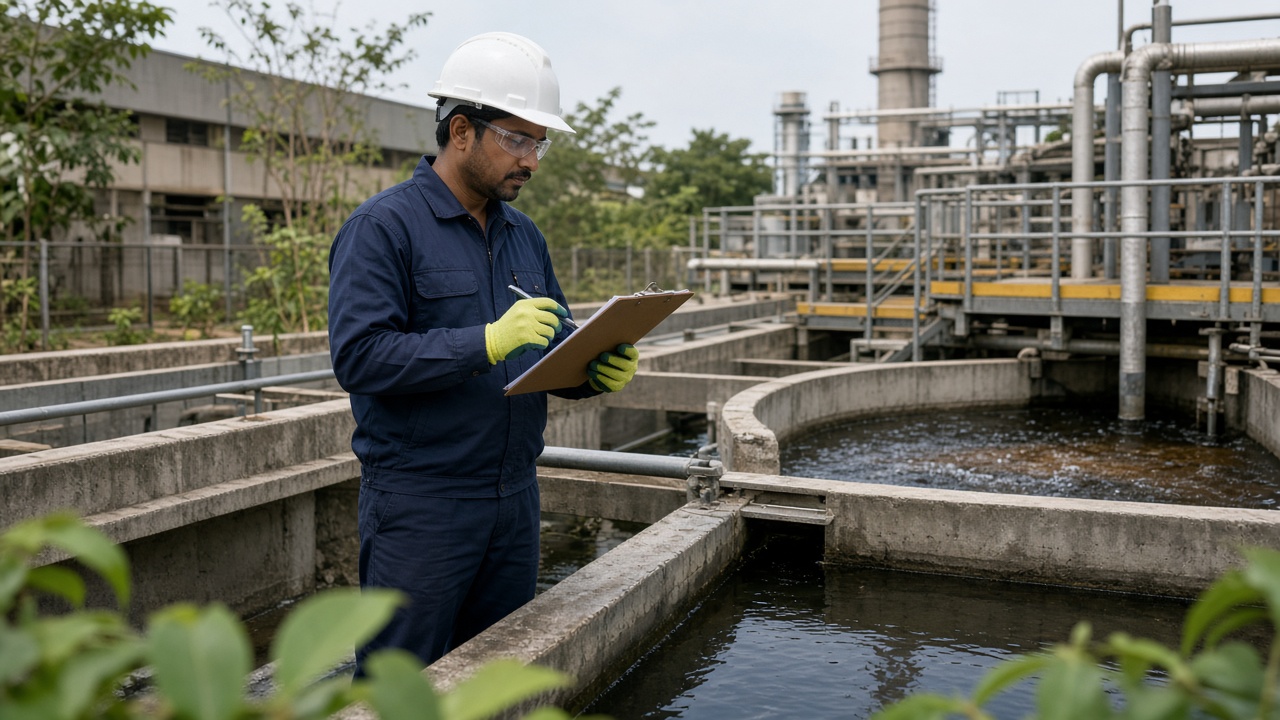 Professional in safety gear inspecting drains and treatment units at an industrial plant