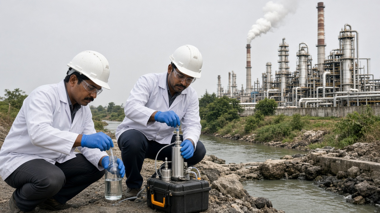 Technicians collecting air and water samples near an operating industrial facility