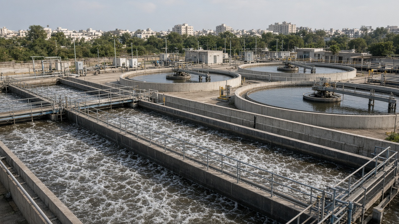 Sewage treatment plant aeration tanks and clarifiers at an urban facility