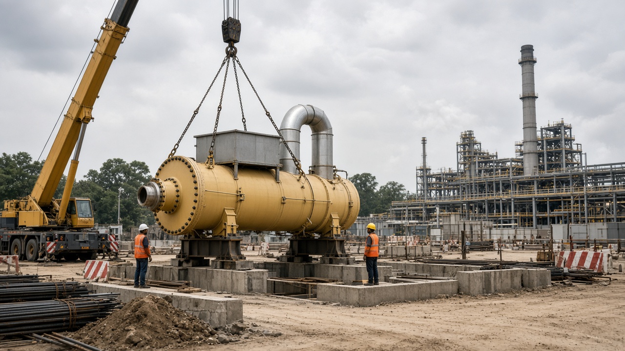 Construction site with pollution-control equipment being installed at an industrial facility