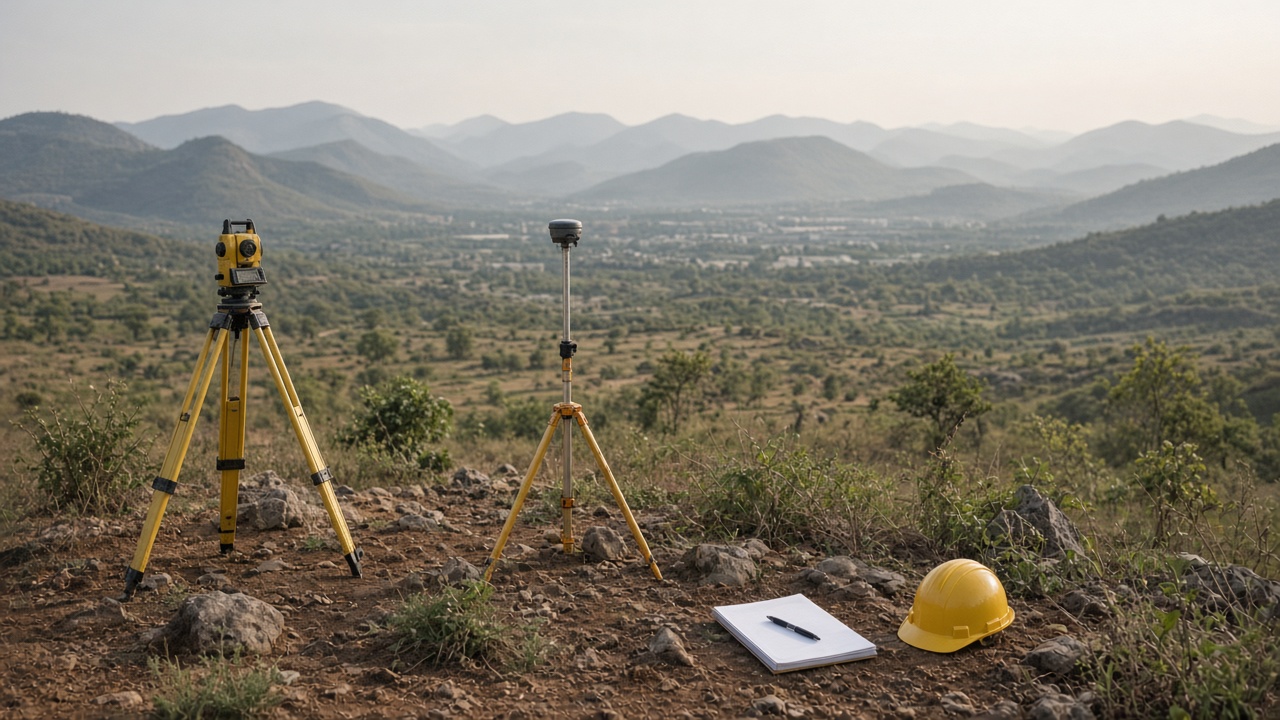 Surveyors reviewing a site layout map on a construction-edge hillside