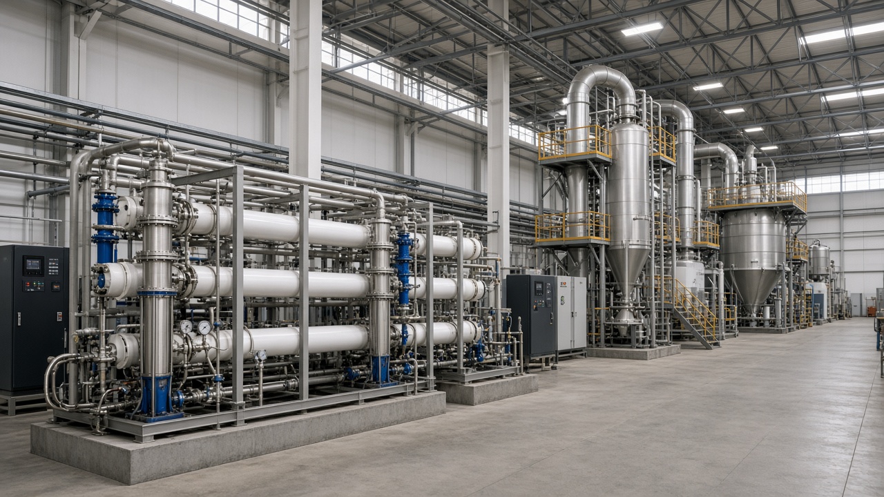 Membrane skid and brine tanks inside an industrial wastewater hall