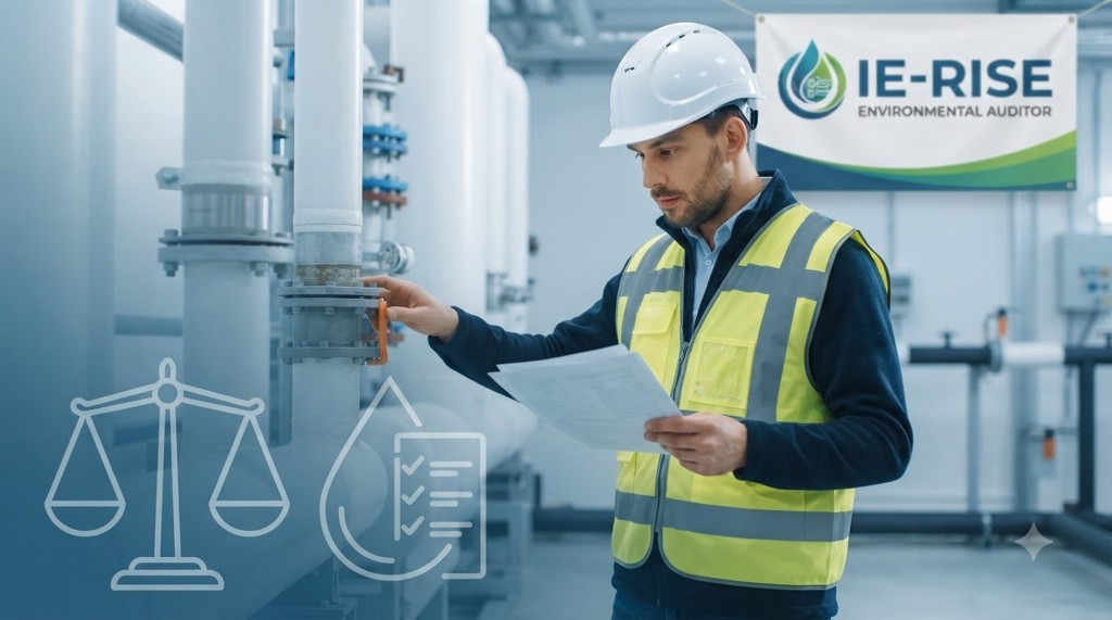 Environmental auditor reviewing compliance documentation at an industrial facility