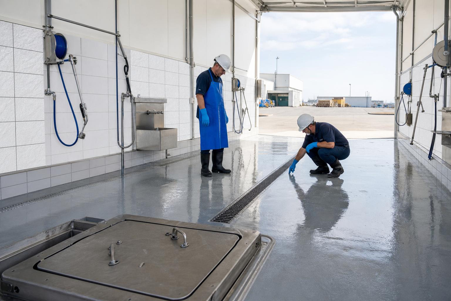 Hygienic wash-bay and drain design