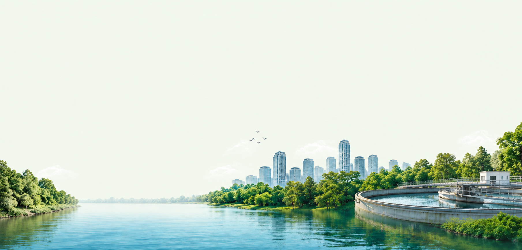Sustainable city skyline beside a river and water treatment facility