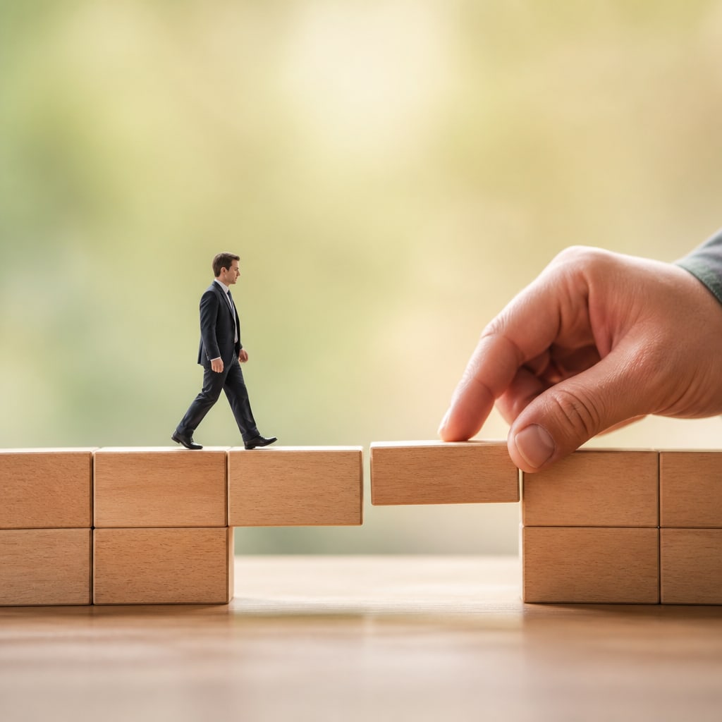 A supporting hand completing a wooden-block bridge — guidance at every step of the research journey
